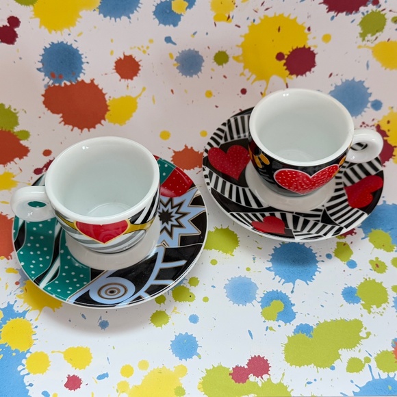 None Other - Pair (2) Espresso Cups & Saucers (2) Coordinated Colorful